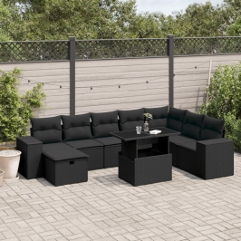 Set de sofás de jardín 8 piezas y cojines ratán sintético negro