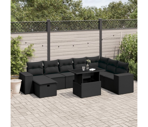 Set de sofás de jardín 8 piezas y cojines ratán sintético negro
