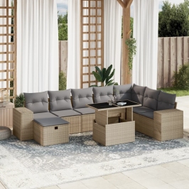 Set de sofás de jardín 9 pzas con cojines ratán sintético beige