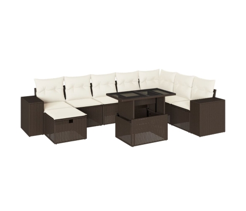 Set de sofás de jardín 9 pzas y cojines ratán sintético marrón