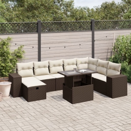 Set de sofás de jardín 9 pzas y cojines ratán sintético marrón