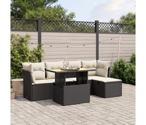 Set de sofás de jardín 6 piezas y cojines ratán sintético negro