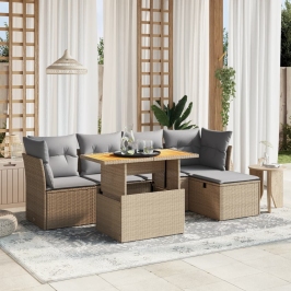 Juego de sofás jardín con cojines 6 pzas ratán sintético beige