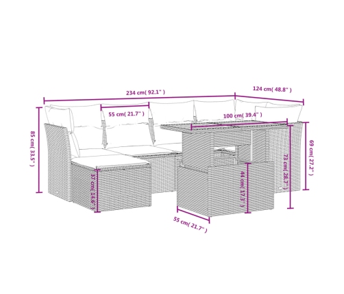Set de comedor de jardín 7 pzas y cojines ratán sintético negro