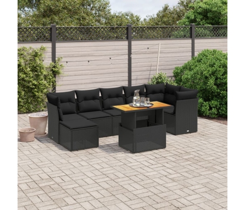 Set de sofás de jardín 8 piezas y cojines ratán sintético negro