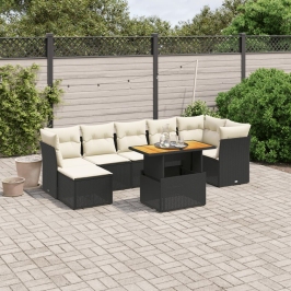 Set de sofás de jardín 8 piezas y cojines ratán sintético negro