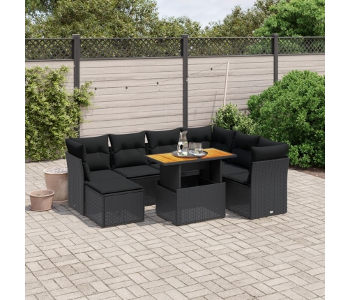 Set de sofás de jardín 8 piezas y cojines ratán sintético negro