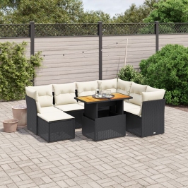 Set de sofás de jardín 8 piezas y cojines ratán sintético negro