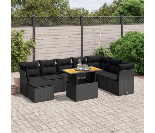 Set de sofás de jardín 8 piezas y cojines ratán sintético negro