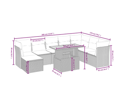 Set de sofás de jardín 9 pzas con cojines ratán sintético beige