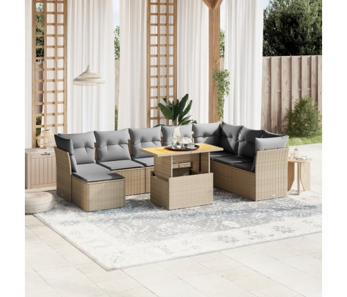 Set de sofás de jardín 9 pzas con cojines ratán sintético beige
