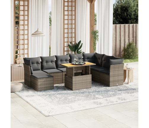 Set de muebles de jardín 9 pzas y cojines ratán sintético gris