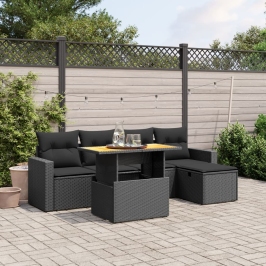 Set de sofás de jardín 6 piezas y cojines ratán sintético negro
