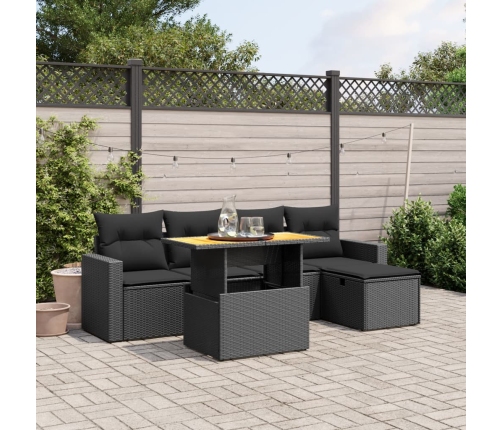 Set de sofás de jardín 6 piezas y cojines ratán sintético negro
