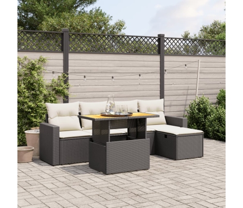 Set de sofás de jardín 6 piezas y cojines ratán sintético negro