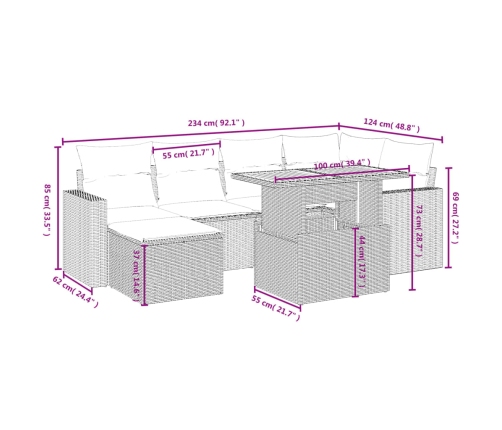Set de comedor de jardín 7 pzas y cojines ratán sintético negro