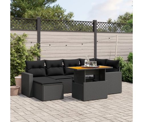 Set de comedor de jardín 7 pzas y cojines ratán sintético negro