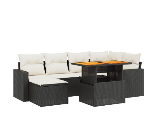 Set de comedor de jardín 7 pzas y cojines ratán sintético negro