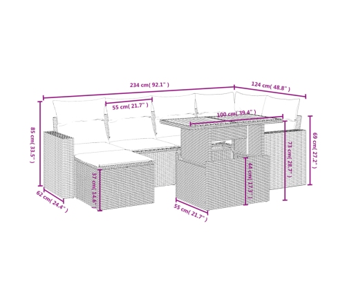Set de comedor de jardín 7 pzas y cojines ratán sintético negro