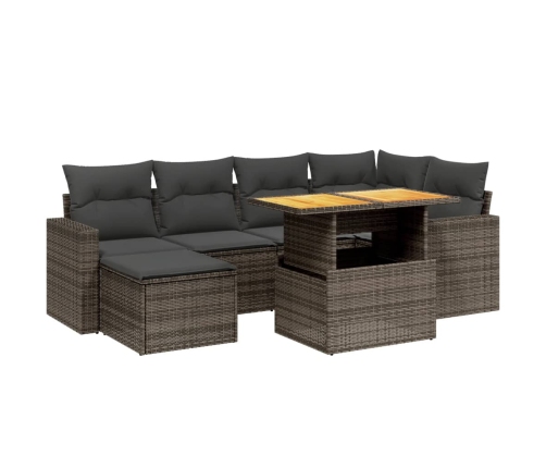 Set de sofás de jardín 7 piezas con cojines ratán PE gris