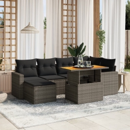 Set de sofás de jardín 7 piezas con cojines ratán PE gris