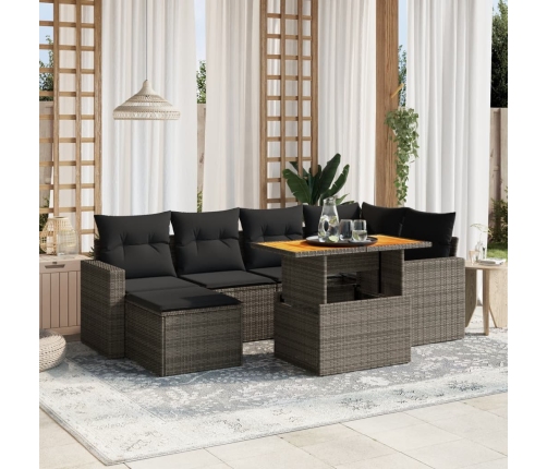 Set de sofás de jardín 7 piezas con cojines ratán PE gris