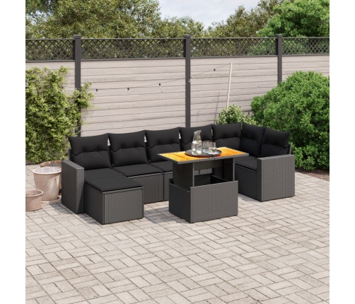 Set de sofás de jardín 8 piezas y cojines ratán sintético negro