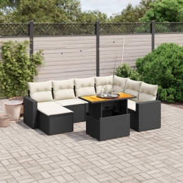 Set de sofás de jardín 8 piezas y cojines ratán sintético negro