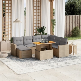 Juego de sofás de jardín con cojines beige 8 pzas ratán PE