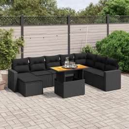 Set de sofás de jardín 8 piezas y cojines ratán sintético negro