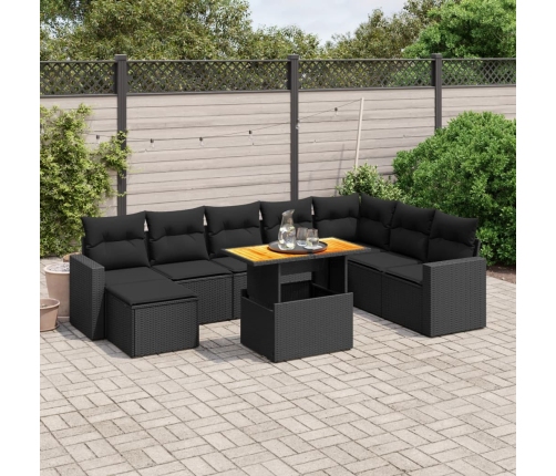 Set de sofás de jardín 8 piezas y cojines ratán sintético negro