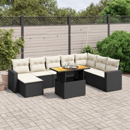 Set de sofás de jardín 8 piezas y cojines ratán sintético negro