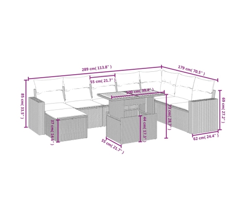 Set de sofás de jardín 9 pzas con cojines ratán sintético beige