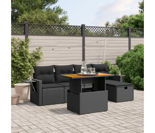 Set de sofás de jardín 6 piezas y cojines ratán sintético negro