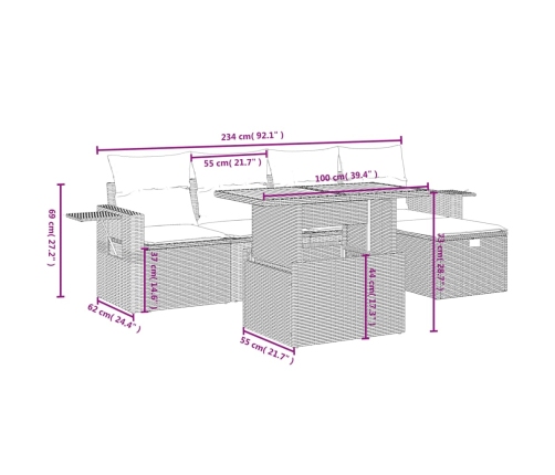 Set de muebles de jardín 6 pzas y cojines ratán sintético gris