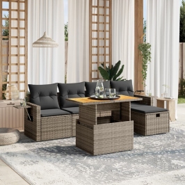 Set de muebles de jardín 6 pzas y cojines ratán sintético gris