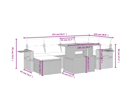 Set de comedor de jardín 7 pzas y cojines ratán sintético negro