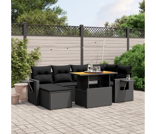 Set de comedor de jardín 7 pzas y cojines ratán sintético negro