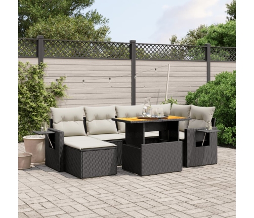 Set de comedor de jardín 7 pzas y cojines ratán sintético negro
