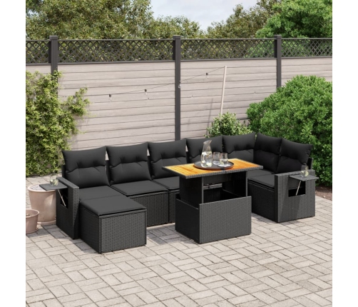Set de sofás de jardín 8 piezas y cojines ratán sintético negro
