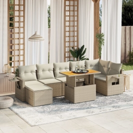 Juego de sofás de jardín con cojines beige 8 pzas ratán PE