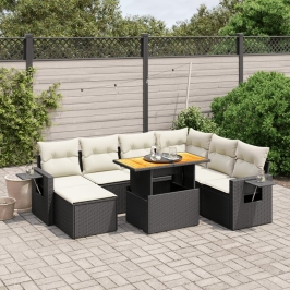 Set de sofás de jardín 8 piezas y cojines ratán sintético negro