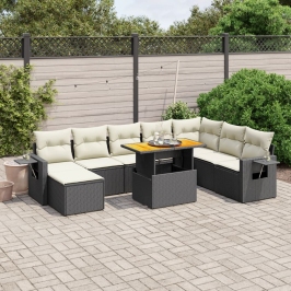 Set de sofás de jardín 8 piezas y cojines ratán sintético negro