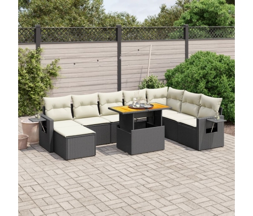 Set de sofás de jardín 8 piezas y cojines ratán sintético negro