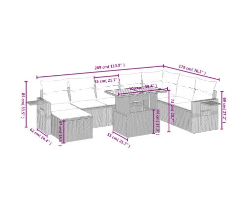 Set de sofás de jardín 9 pzas con cojines ratán sintético beige