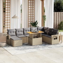 Set de sofás de jardín 9 pzas con cojines ratán sintético beige