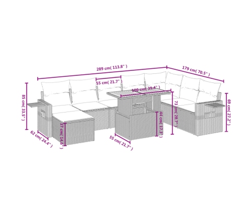Set de muebles de jardín 9 pzas y cojines ratán sintético gris