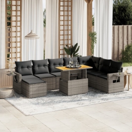 Set de muebles de jardín 9 pzas y cojines ratán sintético gris