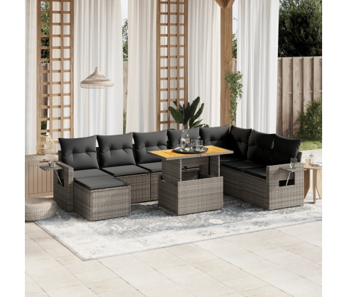 Set de muebles de jardín 9 pzas y cojines ratán sintético gris