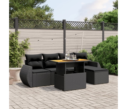 Set de sofás de jardín 6 piezas y cojines ratán sintético negro